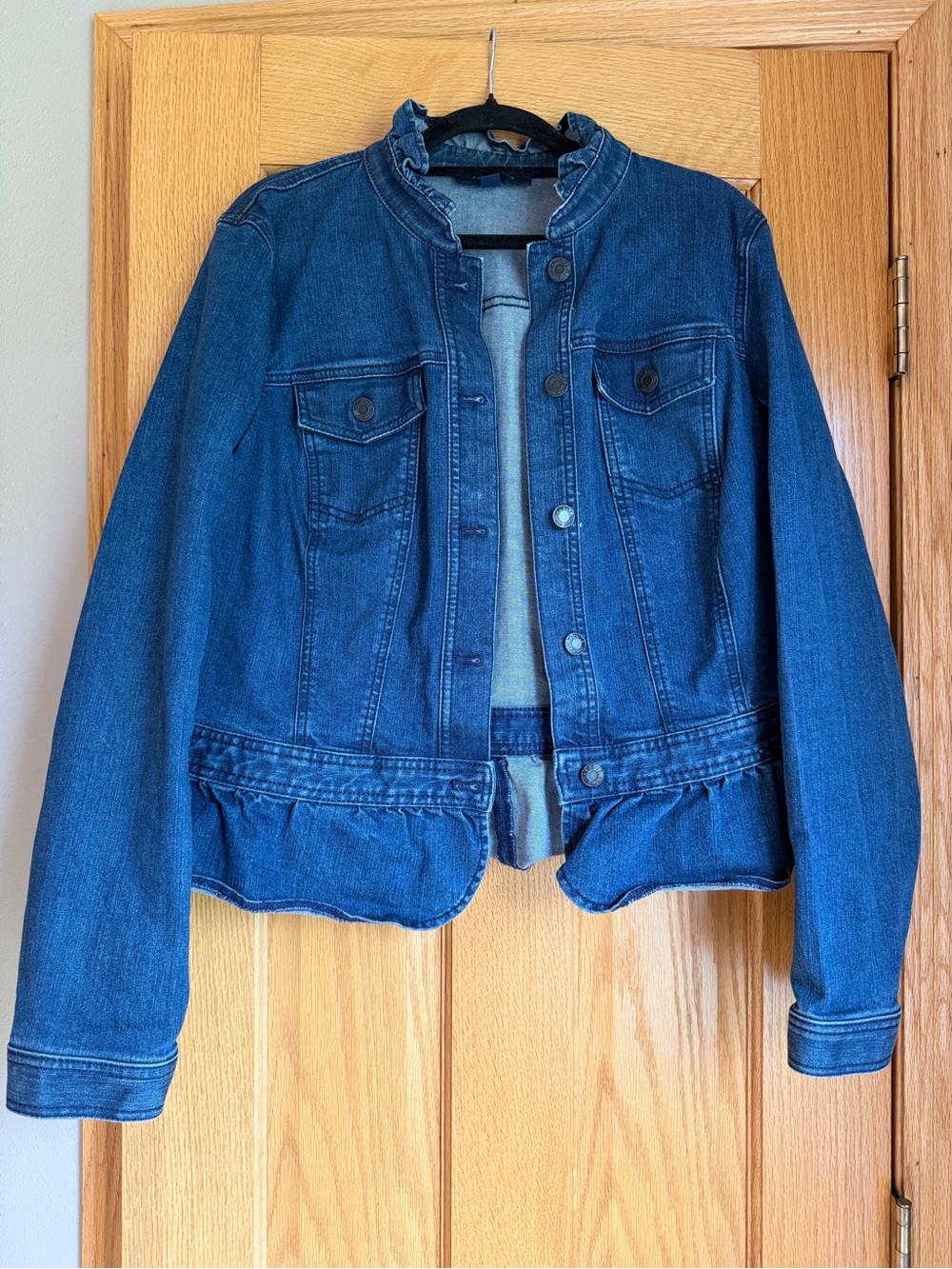 Talbots Medium Ruffle Collar Peplum Denim Jean Jacket Blue Stretch Coat